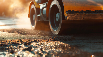 Detailed shot of the wheels and compacting mechanism of a road roller as it moves over hot asphalt, under the natural daylight. , natural light, soft shadows, with copy space