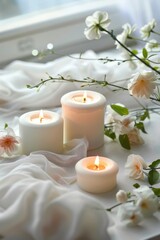 Fototapeta na wymiar White candles with flame and jasmine flowers on a draped fabric.