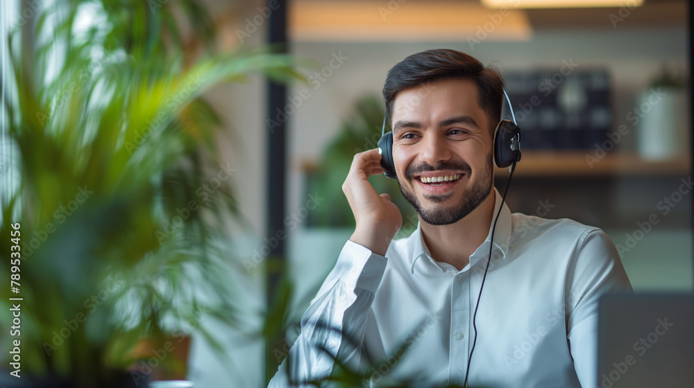 Poster a service agent making a follow-up call to check on customer satisfaction, depicted in an office set