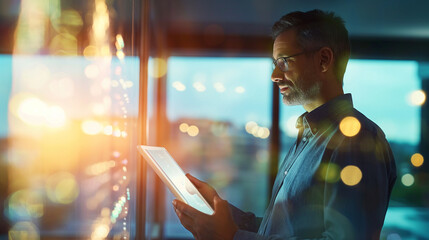 An operator showing a customer an innovative solution on a tablet, demonstrating proactive support in a meeting room lit by ambient natural light. , natural light, soft shadows, wi