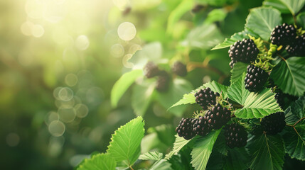 Sunlit Blackberry bush, ripe berries - obrazy, fototapety, plakaty