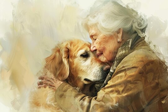 heartwarming portrait of serene elderly woman embracing loyal companion dog digital painting
