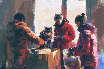 heartwarming scene of animal shelter volunteers preparing donation boxes with love digital painting