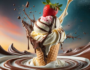 Dynamiczne zdjęcie lodów waniliowo-truskawkowych w rożku polewanych polewą czekoladową