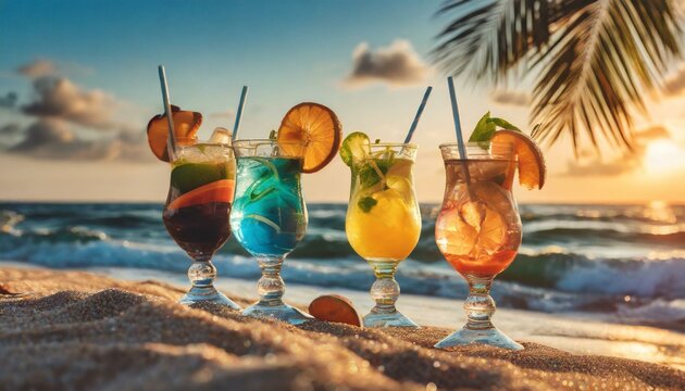 Drinki stojące na plaży na piasku. W tle widać morze i zach&oacute;d słońca. Wakacyjne tło