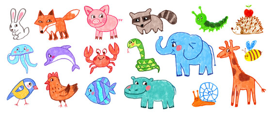 Felt pen vector colorful child drawings illustrations set of cute animals