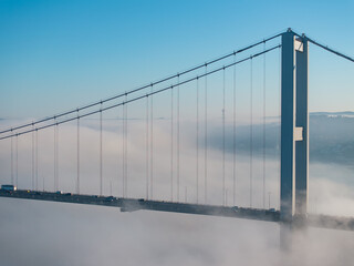 Istanbul Bosphorus Bridge and Marmara Sea in the Fog Drone Photo, Uskudar Istanbul, Turkiye (Turkey)