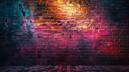 Wander through the urban labyrinth of an old brick wall illuminated by neon light, the play of light and shadow creating a mesmerizing tapestry of textures and colors, - obrazy, fototapety, plakaty