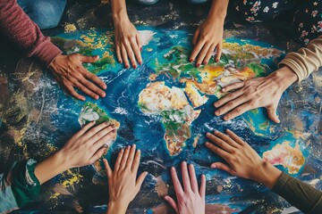 hopeful young people uniting hands around vibrant drawing of planet earth concept illustration