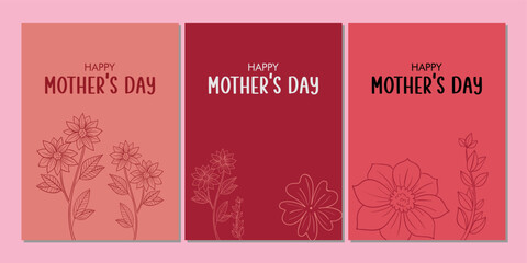 Happy Mother's Day Vector Greeting Card Design Templates pack with flowers and leaves. Mother's Day gift card design templates pack in pink color shades. Editable EPS file.