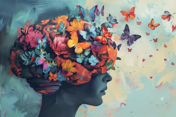 human brain with flowers and butterflies mental health and positive thinking concept digital painting