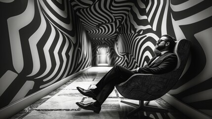 Mental health concept. Illusions of the mind inside a hypnosis session, an alternative technique for psychological assistance by a psychotherapist. Man sitting in a chair in the corridor - obrazy, fototapety, plakaty