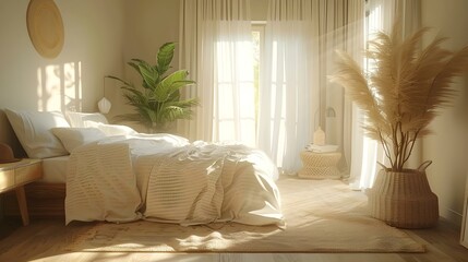 Sunny Serenity: A Cozy Bedroom Escape. Concept Bedroom Decor, Home Sanctuary, Relaxing Vibes