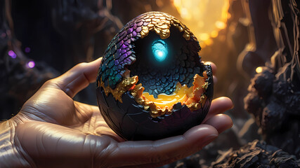 An egg with a thick scaly surface is held in the hands with hairy sickly black growths, magical light rushes through the cracks, gold dust rises into the air, darkness surrounds, fantasy