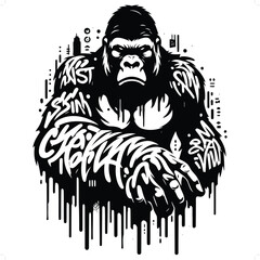 gorilla silhouette, animal graffiti tag, hip hop, street art typography illustration.
