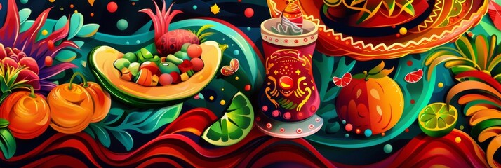 Colorful Mexican Themed Painting - obrazy, fototapety, plakaty