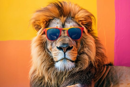 humorous lion portrait wearing sunglasses on bright colorful studio background animal photography