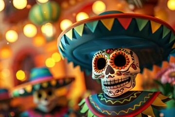 Colorful Skulls Wearing Sombreros and Hats