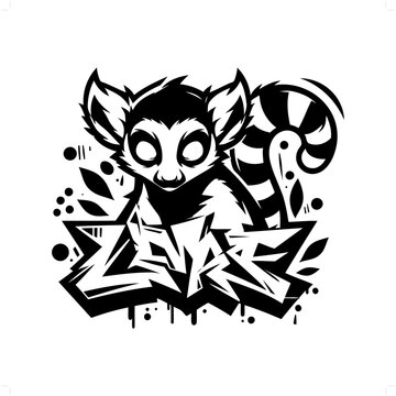 lemur monkey silhouette, animal graffiti tag, hip hop, street art typography illustration.
