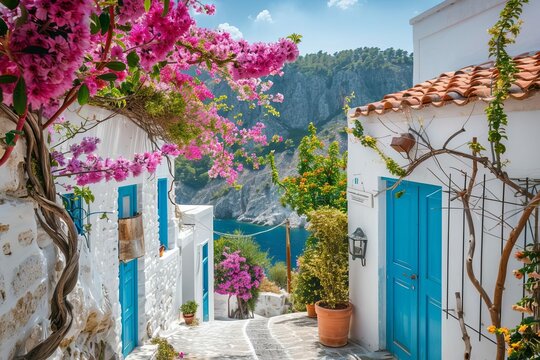 Fototapeta idyllic greek island village in late spring or early summer travel landscape