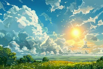 Fototapeta na wymiar idyllic landscape with fluffy white clouds and golden sun serene natural scenery digital painting