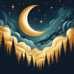 Illustration with golden crescent moon  - obrazy, fototapety, plakaty