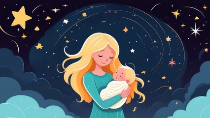 A woman is holding a baby in her arms. The baby is surrounded by stars and clouds. The scene is peaceful and calming, with the woman and baby being the main focus
