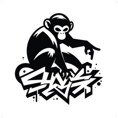 monkey; ape silhouette, animal graffiti tag, hip hop, street art typography illustration.