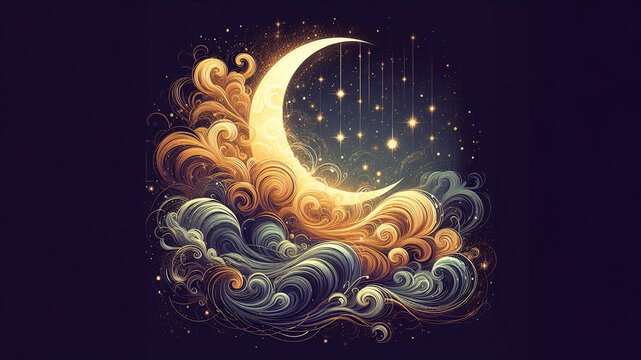 Illustration with golden crescent moon 