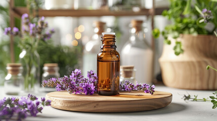 A bottle of essential oil is on a wooden tray with purple flowers