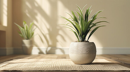 A potted plant sits on a rug in a room with a white wall