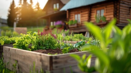 Wooden raided beds in modern garden growing plants herbs spices vegetables and flowers near a wooden house in the countryside, Generative AI - obrazy, fototapety, plakaty