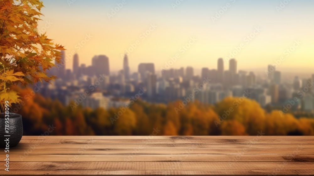Poster the empty wooden table top with blur background of nature skyline in autumn. exuberant image. genera
