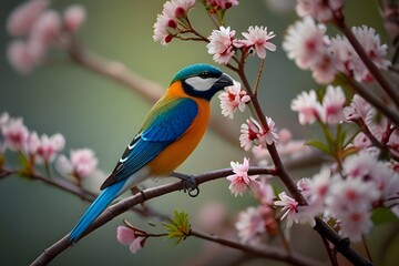 Blue Singvogel on a fading Zweig in the spring A solitary, dejected robin sitting amid flowers in a garden - obrazy, fototapety, plakaty