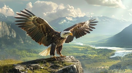 An eagle with extended wings perched on the ground. Graceful eagle perched on the ground.