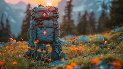 Explore the majestic mountains with a medical backpack ready for any adventure. Experience the blend of nature and wellness in the rugged wilderness.
