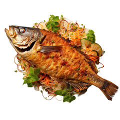  Herb salad with deep fried fish, isolated on transparent background. Generative AI