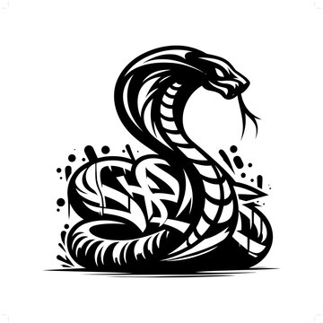 Cobra silhouette, animal graffiti tag, hip hop, street art typography illustration.