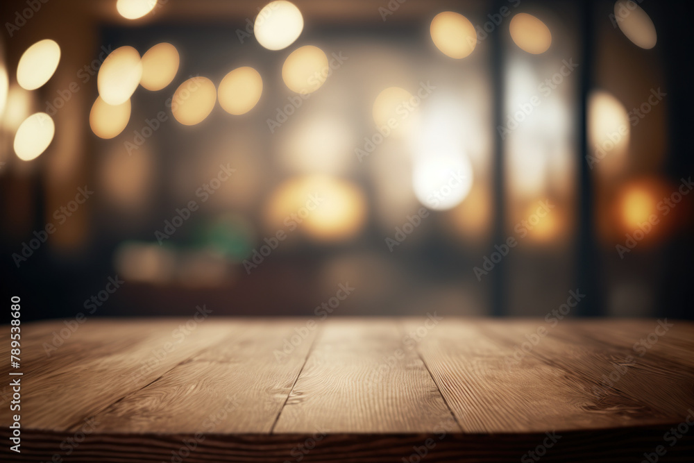 Poster wooden table blurred background of restaurant of cafe with bokeh. flawless generative ai