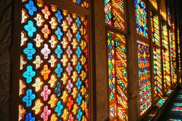 intricate geometric pattern of colorful stained glass window in ancient cathedral culture photo