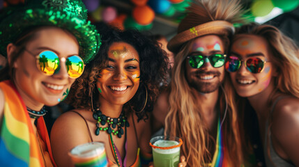 a group of young people having fun and drinking at some festival where the color green prevails and such are LGBT colors