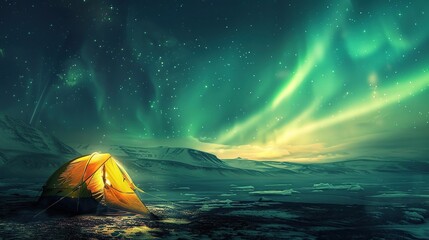 A tent under a green aurora sky near a lake - obrazy, fototapety, plakaty