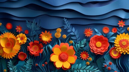 Painting of Flowers and Leaves on Blue Background