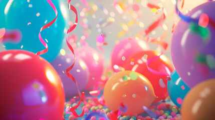 Birthday theme, main object is a birthday banner, surrounding details include balloons and streamers, composition is wide, lighting is bright - obrazy, fototapety, plakaty