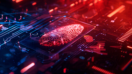 Cybersecurity theme, main object is a fingerprint on the left, surrounding details include a digital interface, composition is off-center, lighting is backlit, copy space on the right - obrazy, fototapety, plakaty
