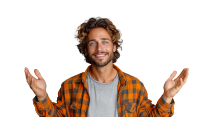 
a man in a checkered shirt with his arms out to the side like jesus with a kind expression on his face accepting everything with love with a cut out background