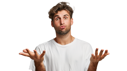 a man on a cut-out background spread his arms to the side and palms up in front of him with an absurd expression on his face