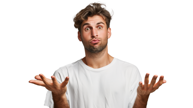 a man on a cut-out background spread his arms to the side and palms up in front of him with an absurd expression on his face