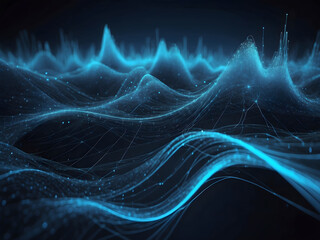 Abstract blue digital particles, lines and dots connection wave flow, Digital data network connections for technology digital communication or social media connection future background concept design.