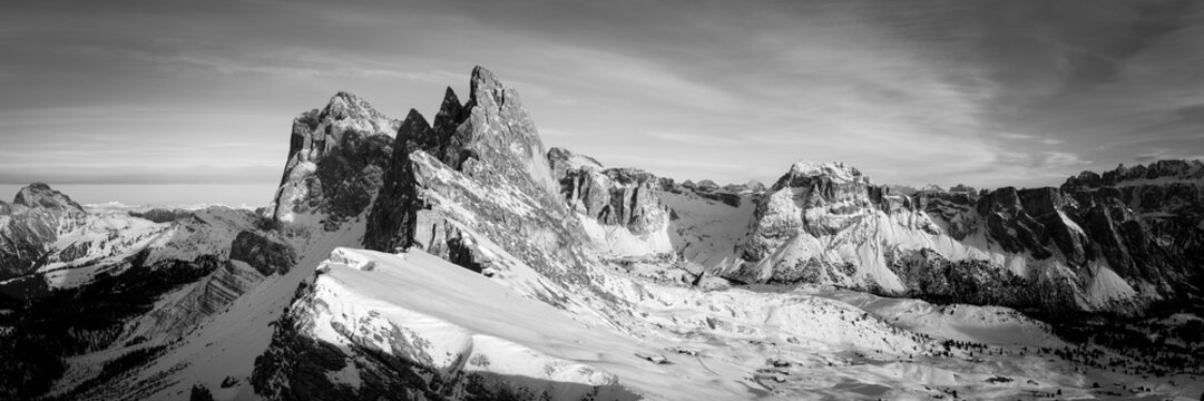 Seceda Alm Ridgeline in Winter Dolomiti Italy Black and white